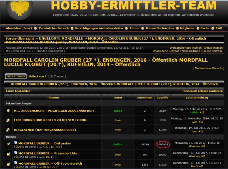 Über eine Million Klicks auf den Haupt-Thread im Forum 'MORDFALL CAROLIN GRUBER + MORDFALL LUCILE KLOBUT'.jpg
